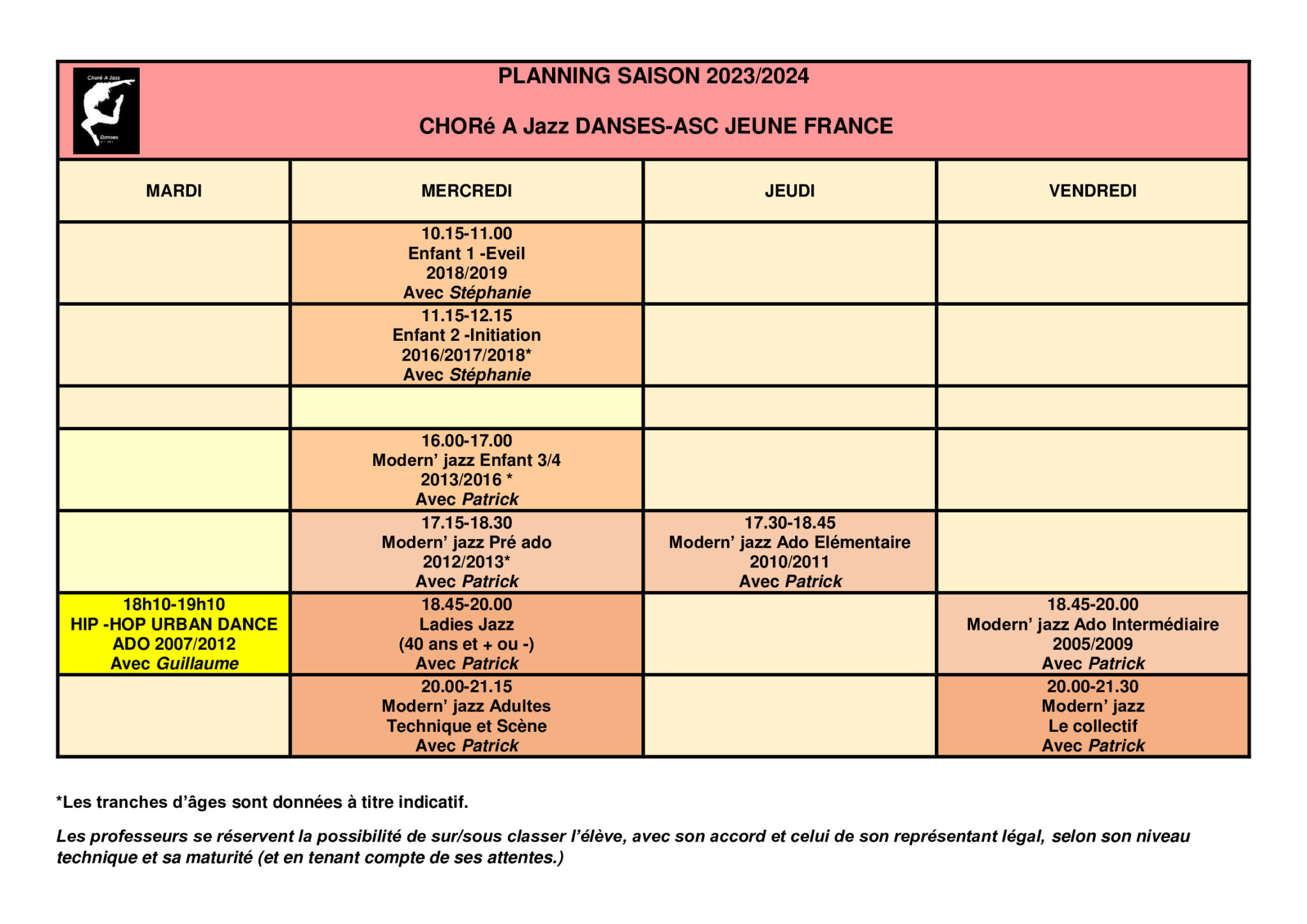 PLANNINGS SAISON 20232024 LA JEUNE FRANCE